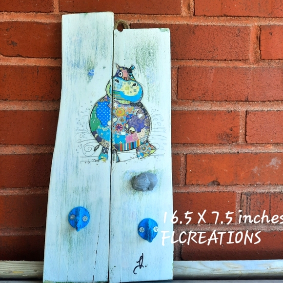 Hand Crafted Other - Cute Hippo with 2 solid teal blue iron hooks put in a kid room and hang clothes